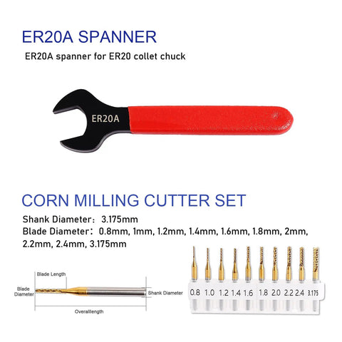 ER20A spanner and corn milling cutter set with blade diameters and collet details, part of 2.2kW CNC Spindle Motor Kit For Router Engraver