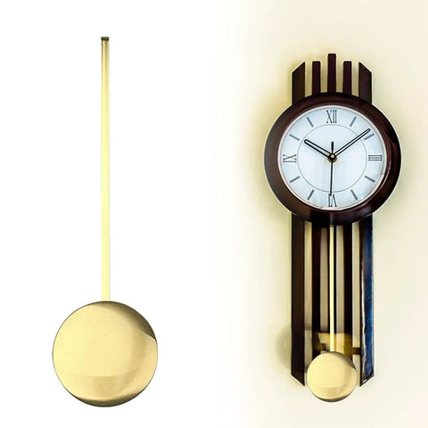 Gold metal pendulum replacement part next to vintage style wall clock with Roman numerals and wood accents.