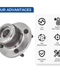 Pair Rear Wheel Hub And Bearing Assembly For Ford Focus 2001 To 2009 With Rear Disc Brakes Budget-Friendly OE Quality Replacement To Restore Smooth Handling Tough Wheel Hub Kit For Long-Lasting Performance, showing OE-quality wheel hub with specifications labeled: low noise, high temperature support, high rotating speed, precision, high-quality steel, and simple operation.