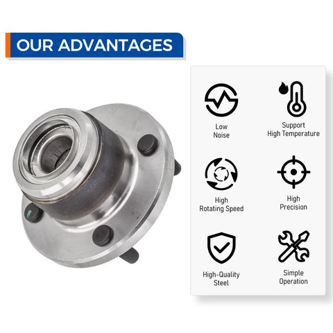 Pair Rear Wheel Hub And Bearing Assembly For Ford Focus 2001 To 2009 With Rear Disc Brakes Budget-Friendly OE Quality Replacement To Restore Smooth Handling Tough Wheel Hub Kit For Long-Lasting Performance, showing OE-quality wheel hub with specifications labeled: low noise, high temperature support, high rotating speed, precision, high-quality steel, and simple operation.
