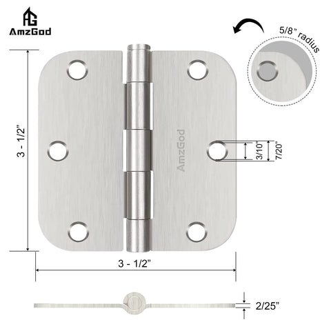 Front view of Brushed Nickel Door Hinges 3-Pack 3.5 Inch Interior Hinges 5/8" Radius Rounded Corners with Screws showing dimensions