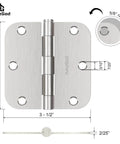 Brushed Nickel Door Hinges 30 Pack For Interior Doors, Three And A Half Inch Hinges With Five Eighth Inch Radius, Six Holes Diagram