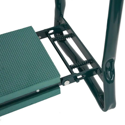 Close-up of Folding Garden Kneeler Seat With Soft Foam Pad And Tool Pouch, featuring sturdy steel frame and EVA pad, partially folded view.