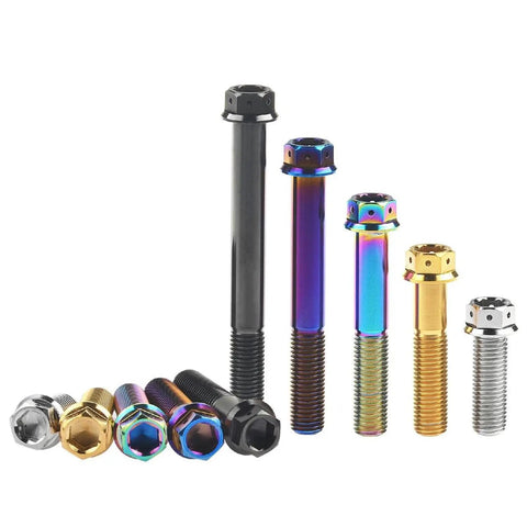 Top Notch Titanium M10 Flange Hex Screws, Super Heavy Duty Serrated Lock Tightening Fasteners in various colors and sizes.