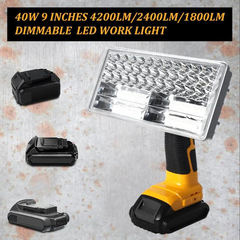 Cordless 40W LED Work Light with 4200LM Bright Beam Jobsite Flood Spotlight USB Port, pivot head, zinc alloy, 20V battery compatible.