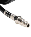 Close-up of Rock Solid Heavy Duty Coiled Air Hose with Bend Restrictor, rubber and steel tubing connector for pneumatic tools.