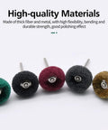 Five 1-inch buffing/polishing wheels with 1/8-inch shanks in green, black, red, gray, and brown for rotary tools.