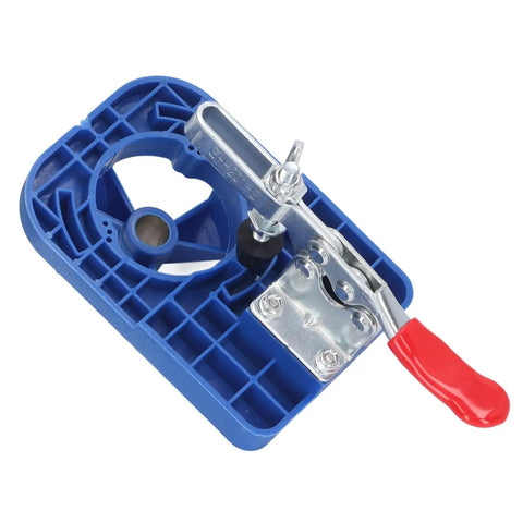Precision Hinge Opening Locator 35mm Drill Guide For Woodworking Doors And Cabinets Features Adjustable Limit Design With Plastic And Aluminum Alloy Construction For Quick Setup And Exact Hole Placement In Blue, showing top view.