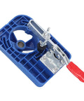 Precision Hinge Locator For Woodworking Doors And Cabinets, 35mm Drill Guide with adjustable limits, blue plastic body, metal lever