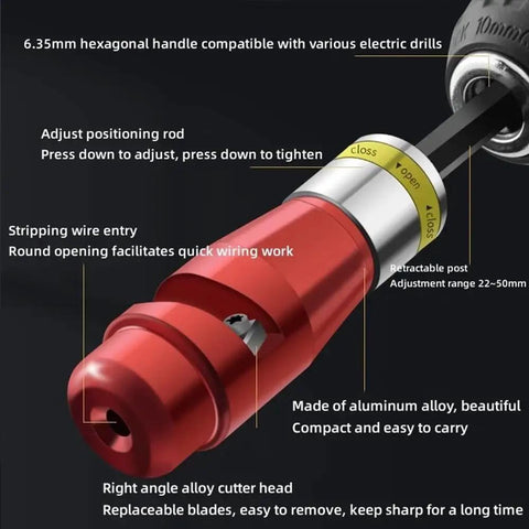 Heavy Duty Electric Wire Stripper That Clamps Right Onto Your Standard Hand Drill with 6.35mm hexagonal handle and adjustable settings.