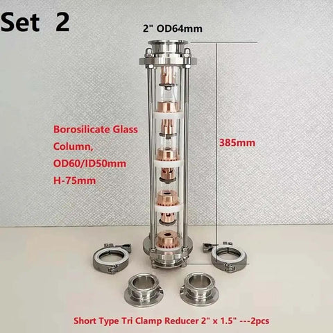 2 Inch Distillation Column Kit With 4 Borosilicate Glass Columns 5 Copper Bubble Plates Tri Clamp Fittings visible