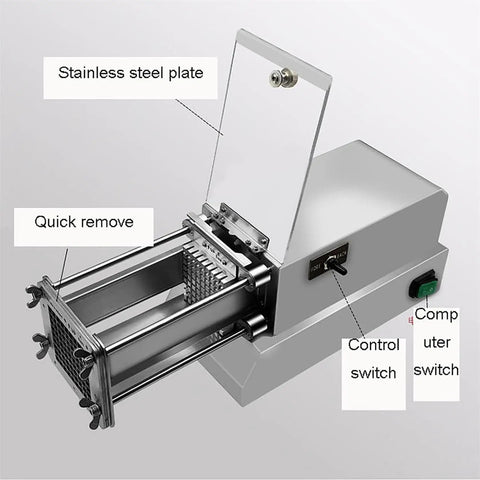 Professional Electric Potato Chip Cutter And Commercial French Fry Slicer Machine Made With Durable Stainless Steel Blade, top view.