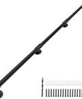 Heavy Duty Industrial Staircase Handrails Nine Feet Long Cut From Solid Galvanized Steel Pipe For Serious Corrosion Protection And Totally Hassle Free No Sweat Railing Setup At Home Today, matte black rail with mounting hardware.