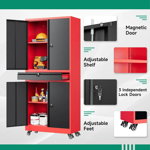 Beefy Metal Garage Storage Cabinet On Wheels With Rolling Tool Cabinet Adjustable Shelves And Drawer For Garage Home Office Or Utility Room Red Finish showing features like magnetic doors, adjustable shelf, and lockable doors.