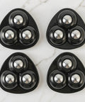 Mini Caster Wheels 12pcs 360 Degree Swivel Adhesive for Furniture, black plastic base with metal ball wheels, four pieces arranged.