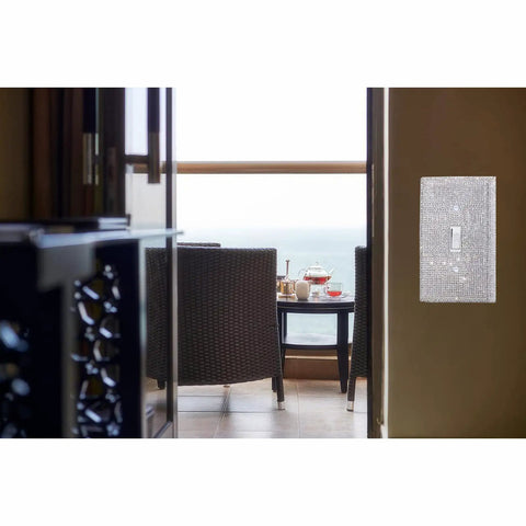 Shiny Silver Rhinestone Light Switch Cover Plate With Single Toggle in a room overlooking a balcony setting.