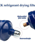 Heavy Duty 3/8 Liquid Line Filter Dryer Steel Sweat Flow Refrigerant Drier For Heat Pumps And Ac Systems R22 R134a Compatible, blue filter with welded joint.