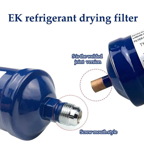 Heavy Duty 3/8 Liquid Line Filter Dryer Steel Sweat Flow Refrigerant Drier For Heat Pumps And Ac Systems R22 R134a Compatible, blue filter with welded joint.
