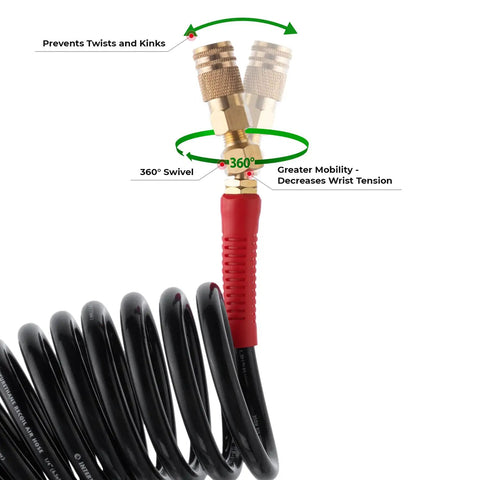 Lightweight Polyurethane Recoil Air Hose Three Eighth Inch Lite Five Sixteen Inch Fifty Feet With One Quarter Inch MNPT Quick Coupler