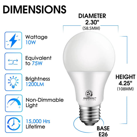 A19 LED Light Bulbs 75 Watt Equivalent, 1200 Lumen Super Bright Soft White 2700K, Non Dimmable 10W E26 Base dimensions diagram