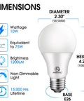 Bright 10W LED A19 Bulb 1200 Lumen 2700K Soft White Non Dimmable E26 Base 120V UL Listed No Brainer Energy Saving Replacement