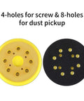 Heavy Duty Beast 5 Inch Hook And Loop Orbital Sander Pad With Eight Dust Holes, showing two sanding pads with screw and dust holes.