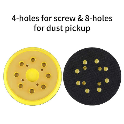Heavy Duty Beast 5 Inch Hook And Loop Orbital Sander Pad With Eight Dust Holes, showing two sanding pads with screw and dust holes.