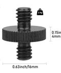 Built Like A Tank Aluminum Alloy 1/4 Inch Male To Male Threaded Tripod Screw Adapter close-up view, showing dual threaded heads and measurements.