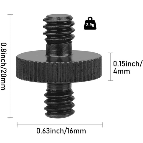 Built Like A Tank Aluminum Alloy 1/4 Inch Male To Male Threaded Tripod Screw Adapter close-up view, showing dual threaded heads and measurements.