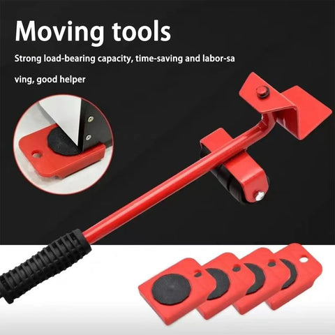 Heavy Duty Furniture Movers With Wheels And Glide Pads 300 Lbs Capacity Lever Lift Tool with red lever and glide pads
