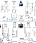 Diagrams of Self Locking Mini Button DPDT Switch Kit With Caps 80Pcs Micro Push Buttons for DIY Projects, sizes 5.8x5.8mm to 8.5x8.5mm.