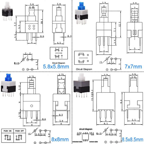 Diagrams of Self Locking Mini Button DPDT Switch Kit With Caps 80Pcs Micro Push Buttons for DIY Projects, sizes 5.8x5.8mm to 8.5x8.5mm.