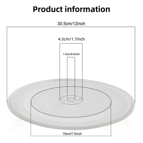 Dimensions of 12 Inch Glass Microwave Plate Replacement Built to Last, Heavy Duty Heat Resistant BPA Free Dishwasher Safe Compatible with W10337247 W11367904 W11291538 Turntable Tray shown.
