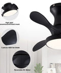 Close-up view of ABS Ceiling Fan with 3 Color Temperature LED Light and Remote Control, showing matte black finish and fan blades.