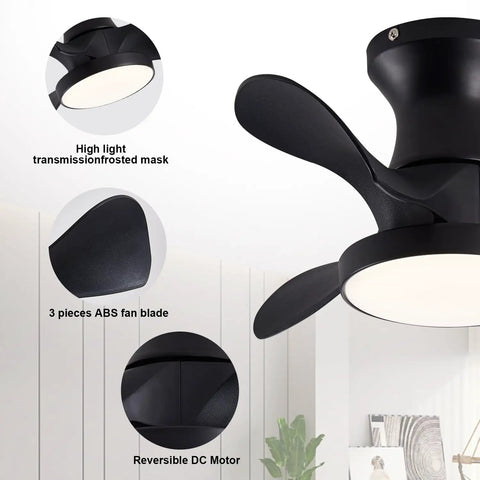Close-up view of ABS Ceiling Fan with 3 Color Temperature LED Light and Remote Control, showing matte black finish and fan blades.