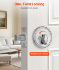 Image of round single cylinder deadbolt lock with 3 keys keyed on one side, satin nickel finish, installed on door in living room.