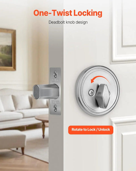 Image of round single cylinder deadbolt lock with 3 keys keyed on one side, satin nickel finish, installed on door in living room.
