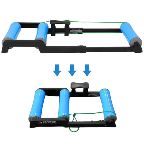 Whisper Quiet Indoor Bike Trainer with Foldable Stand shown unfolded with blue rollers and arrows indicating flat storage option.