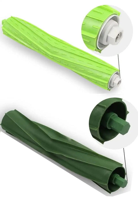 Close-up of 3 Sets Of Replacement Rubber Roller Brushes For Roomba E, I And J Series Vacuum Cleaners, green and dark green variants.