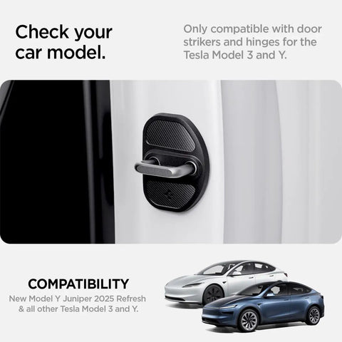 Tesla Door Lock Cover Protectors Set Of 4 For Model Y 2020 To 2026 And Model 3 2017 To 2026 installed on car door striker
