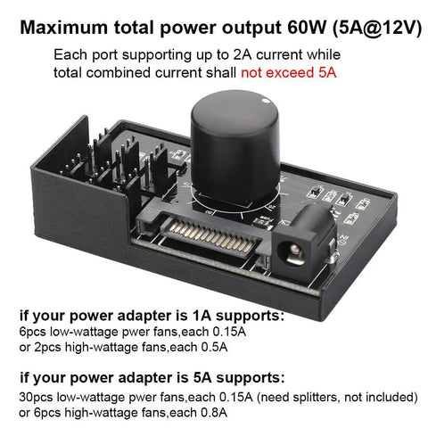 4 Pin 12V PWM Fan Controller Hub For Six PWM Fans With SATA And DC 5525 Power Input PC Fan Adapter With Adjustable Speed Knob