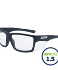 Rock Solid Safety Bifocal Glasses With Side Shields, 1.5 bifocal, black frames, ideal for safety in construction, ANSI Z87 approved.