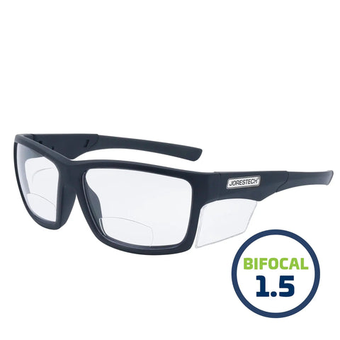 Rock Solid Safety Bifocal Glasses With Side Shields, 1.5 bifocal, black frames, ideal for safety in construction, ANSI Z87 approved.