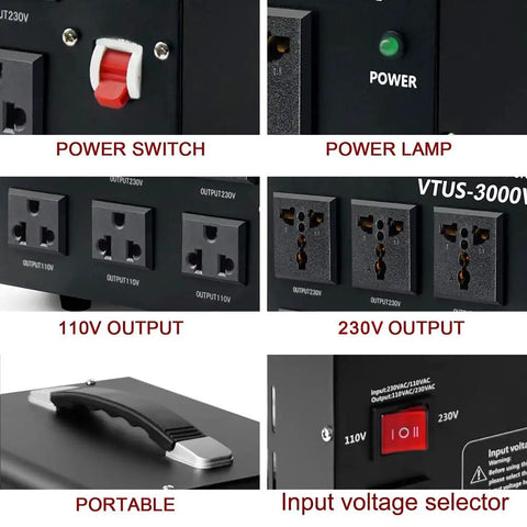 Voltage Converter Transformer 3000W Step Up Down 110V To 220V Or 220V To 110V showing power switch, sockets, and indicators.