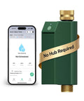 WiFi Water Timer For Garden Hose With Built In Flow Meter No Hub Needed Brass Inlet And Outlet beside smartphone app interface