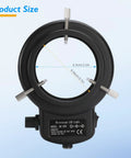 144 LED Ring Light For Stereo Microscopes And Cameras, Adjustable Illuminator With Dimmable Brightness, Pro Grade Lab Lighting For Clear Close Ups And Precise Imaging. black microscope LED ring light size diagram, 6.3cm inner 9.35cm outer