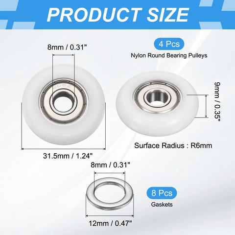 Nylon Ball Bearing Guide Pulley Kit 4 Pack With Round Idler Pulleys And Double Metal Sealed Bearings 8x31.5x9mm size diagram