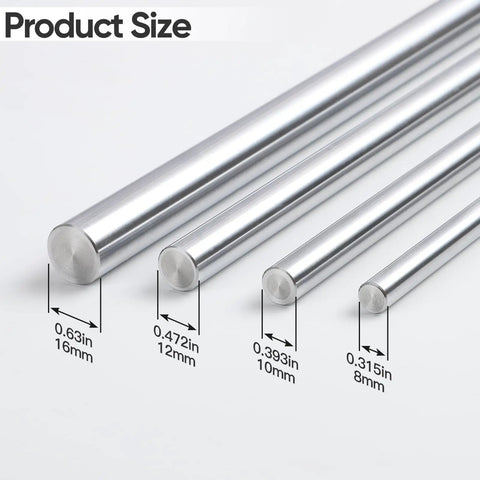 Various sizes of chrome steel rods; 16mm, 12mm, 10mm, 8mm diameter. Focus on 12mm X 400mm Linear Motion Rods Set Of 2 For CNC.
