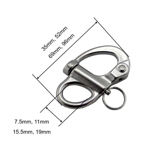 Rock Solid 316 Stainless Steel Snap Shackle Quick Release Swivel Bale Hook dimensions image showing 52mm width and heavy duty design.