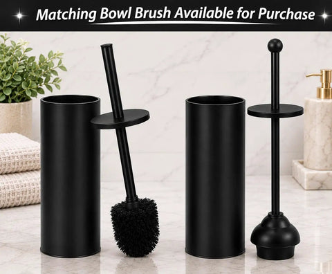 Heavy Duty Toilet Plunger With Sleek Floor Holder Kick Serious Bathroom Grime Monster Suction Unblocks Clogged Drains Real Quick Matte Black Sturdy Grip next to bowl brush holder.
